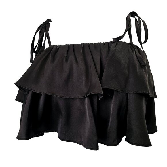 Camellia Black Layered Flounce Crop Top Womens L Tie Spaghetti Straps Polyester - Picture 1 of 9